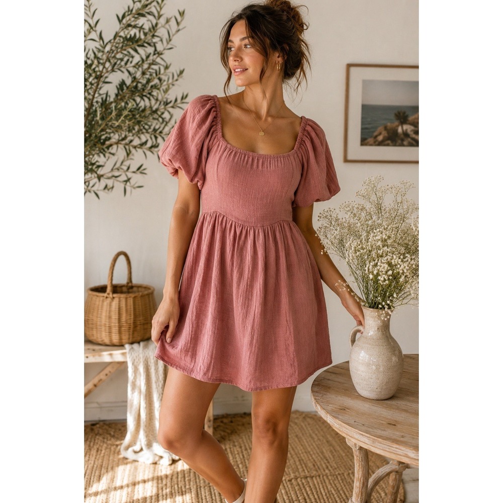 A Collective Story Dress Large Dusty Rose Puff Sleeve Cottagecore Babydoll L